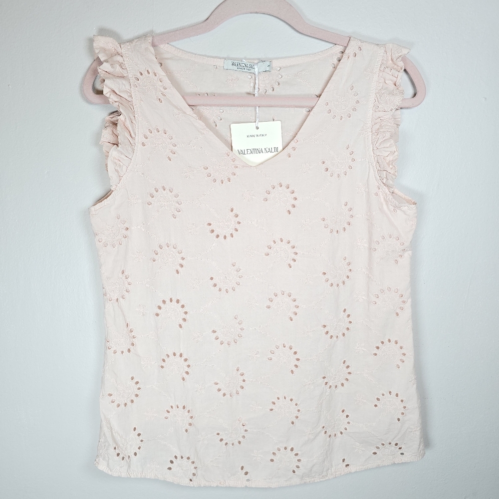 Valentina Naldi Women's Floral Eyelet Ruffle Sleeveless Top V-Neck Pink Small